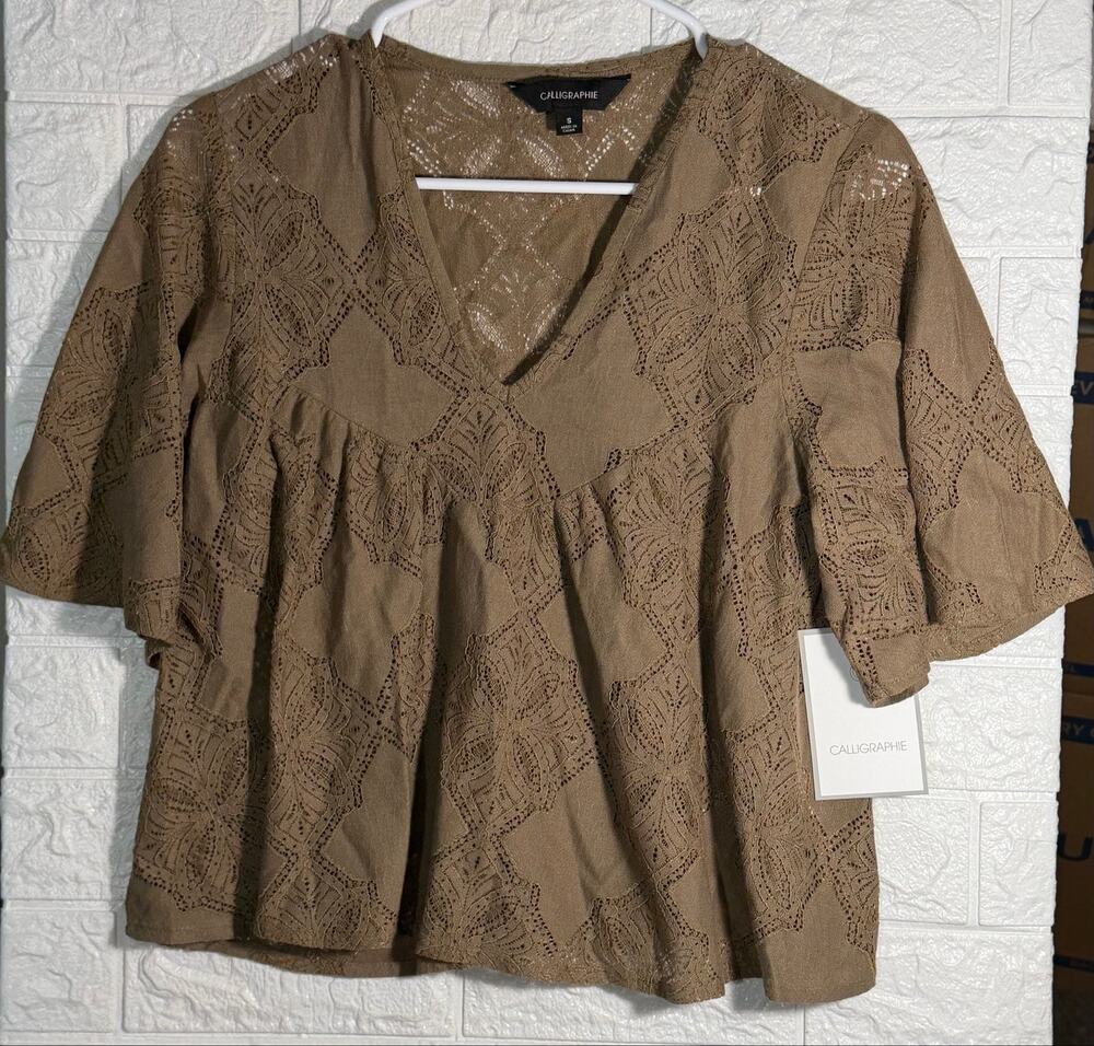 Calligraphie Women’s Small Brown Lace V-Neck Babydoll Blouse NWT